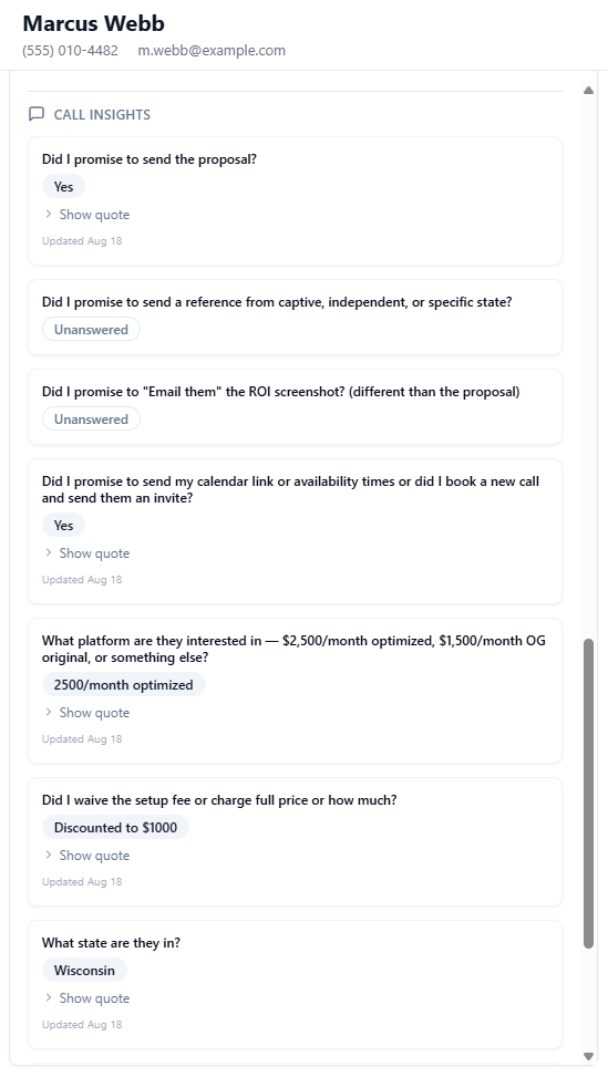 SID call insights answering whether the rep kept their promises