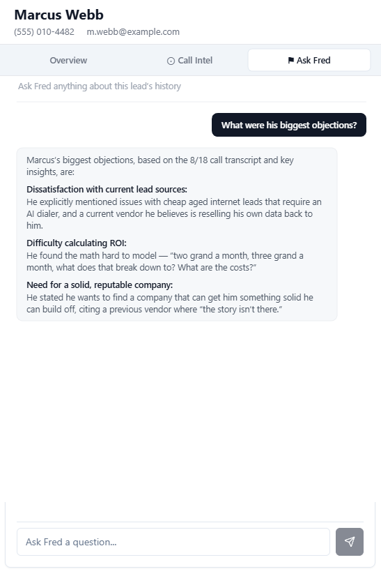 Ask Fred answering a question about the lead's objections