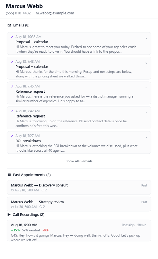 SID email history, appointments and scored call recordings