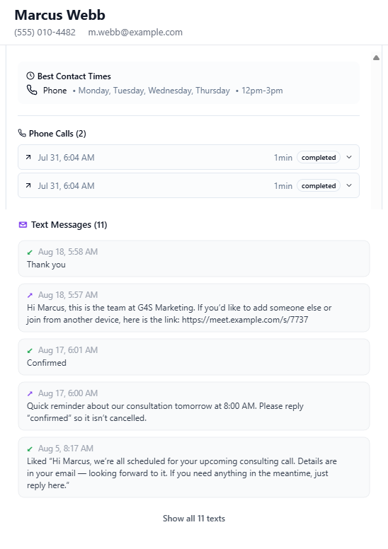 SID unified call, text and best-contact-time timeline