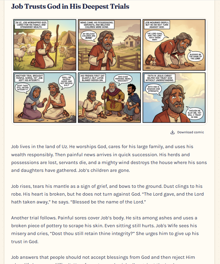 Gospel Fun Along generated comic strip and retelling