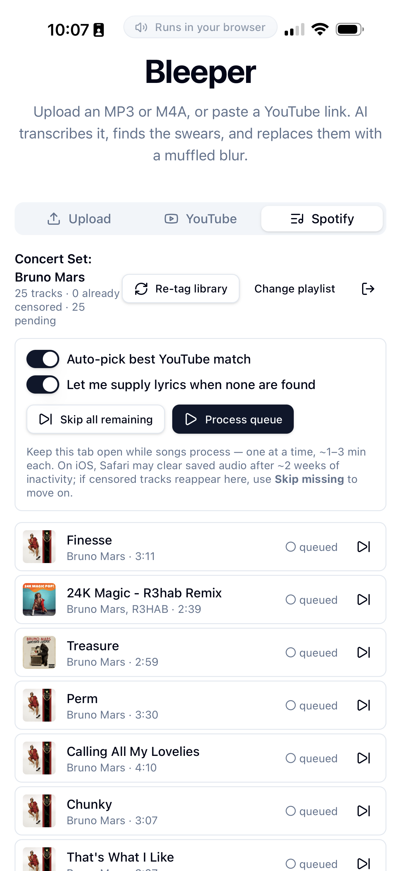 Bleeper processing a 25-track concert set imported from Spotify